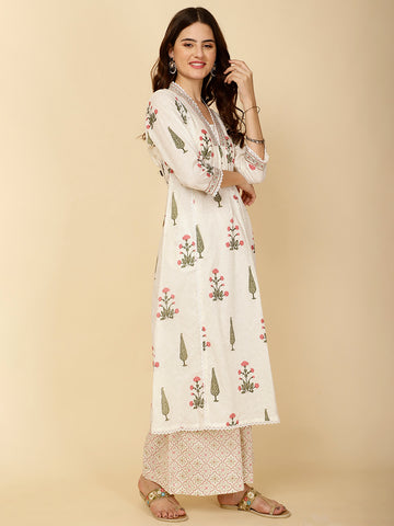 Block Printed Cotton Kurta With Palazzo & Dupatta