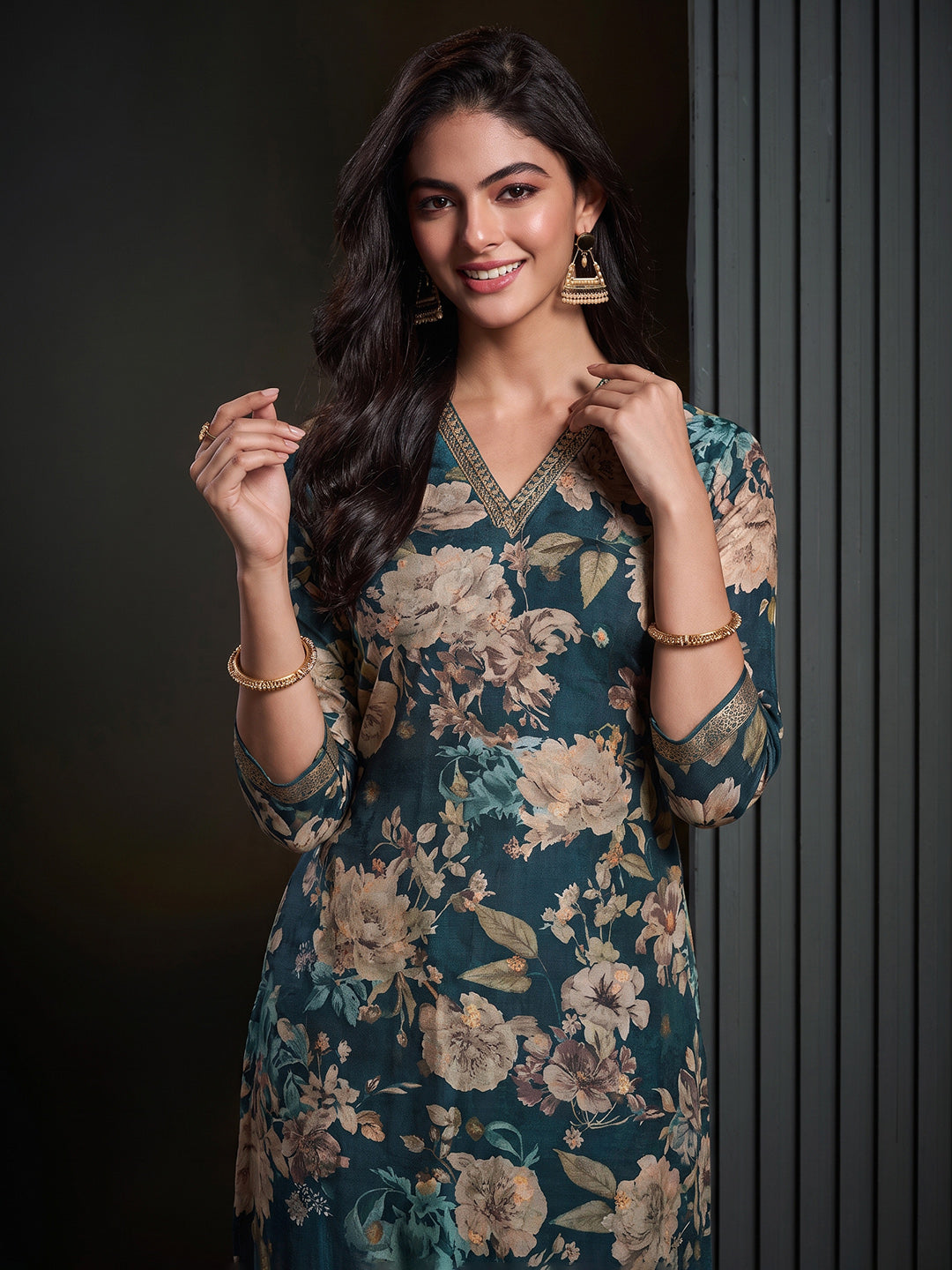 Blue Printed Art Silk Kurta With Pant &amp; Dupatta