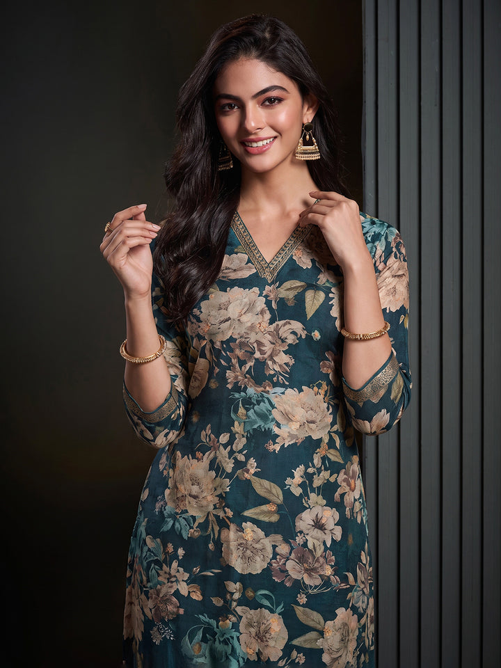 Blue Printed Art Silk Kurta With Pant &amp; Dupatta