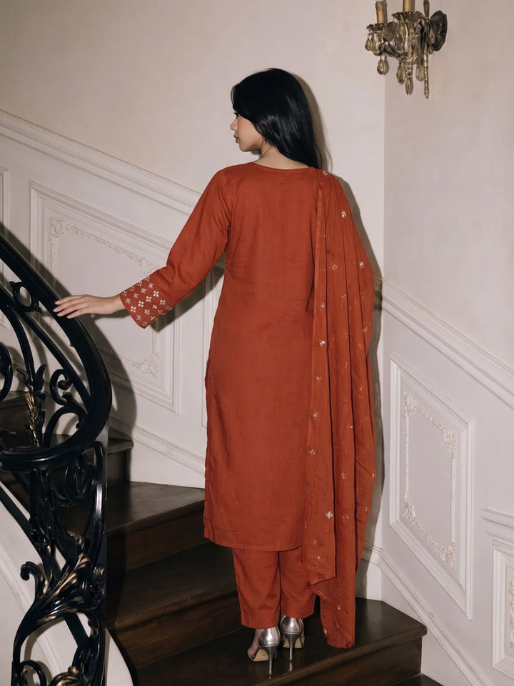 Rust Printed Cotton Blend Kurta With Pant &amp; Dupatta