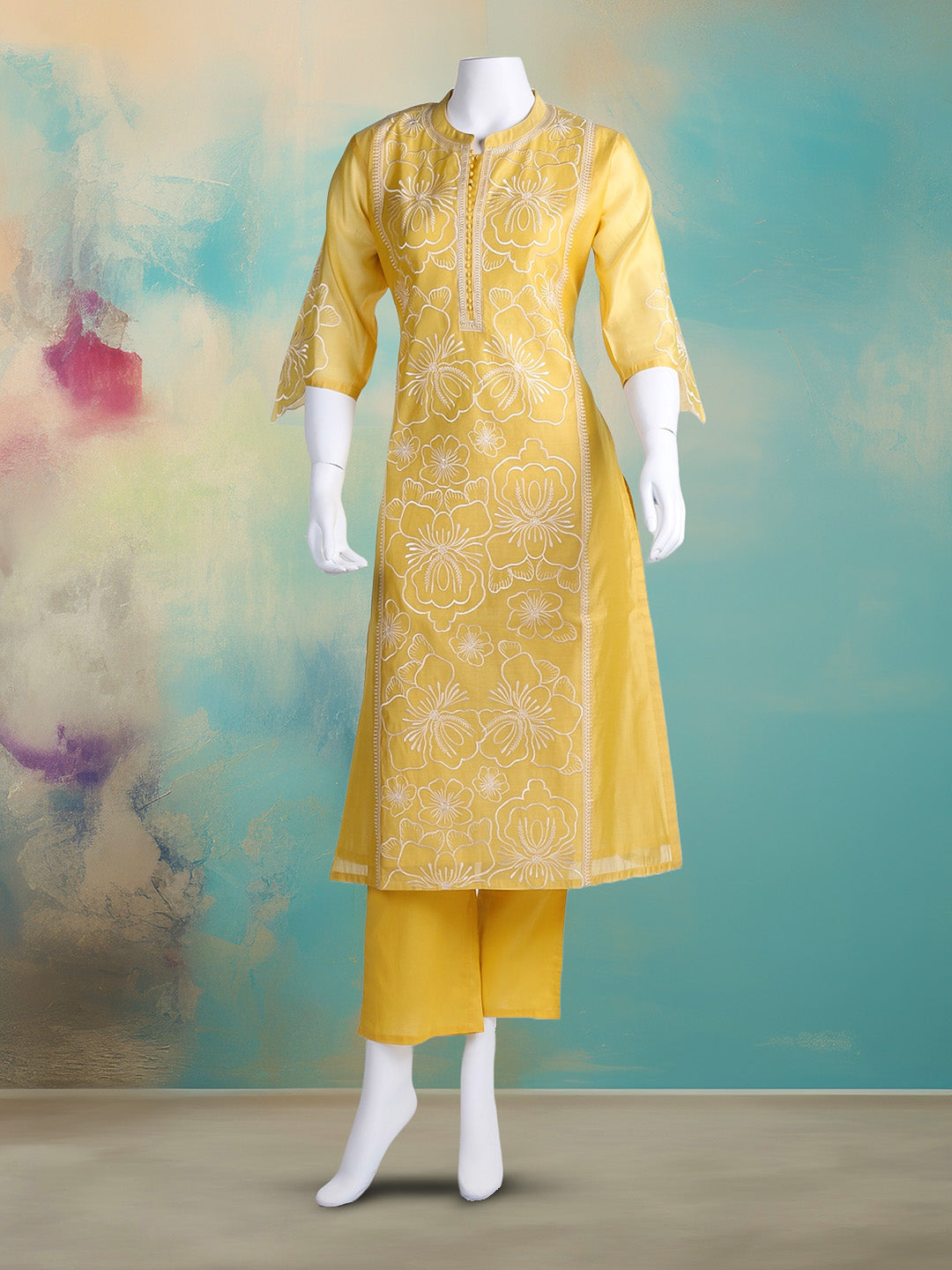 Embroidered Chanderi Kurta With Pant & Dupatta