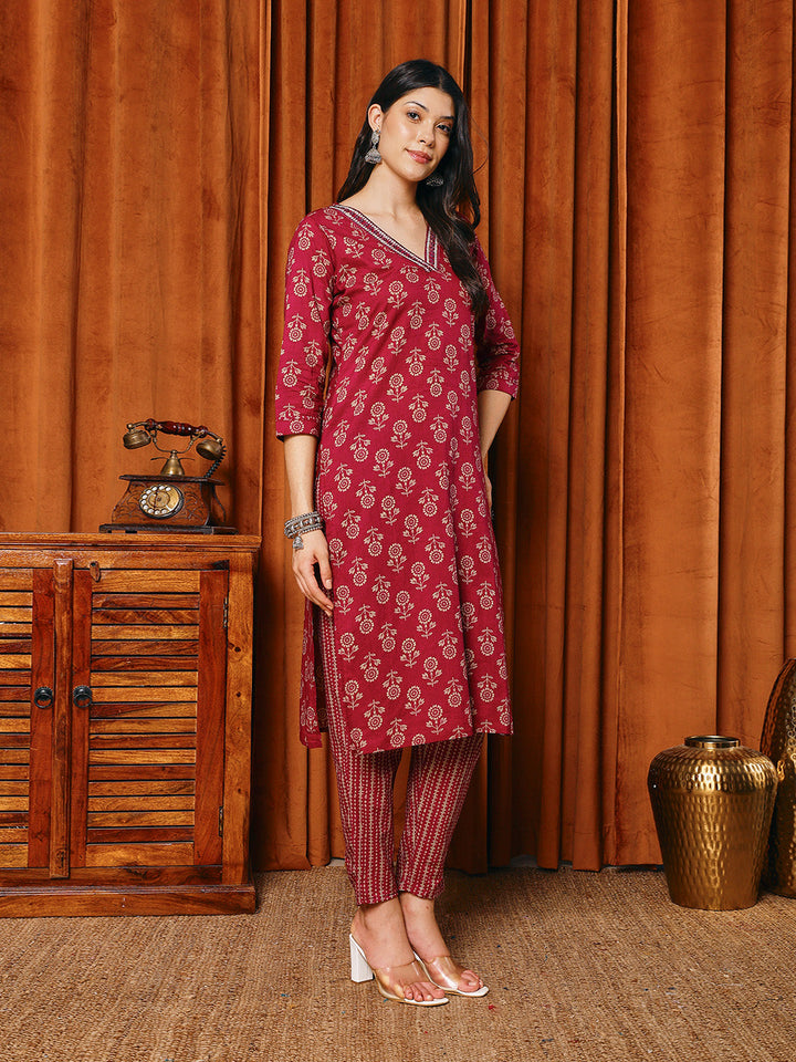 Printed Cotton Blend Kurta With Pants &amp; Dupatta
