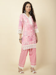 Printed & Panel Embroidery Cotton Kurta With Pants