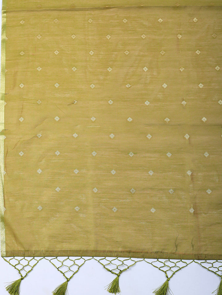 Embroidered Chanderi Unstitched Suit With Pant &amp; Dupatta