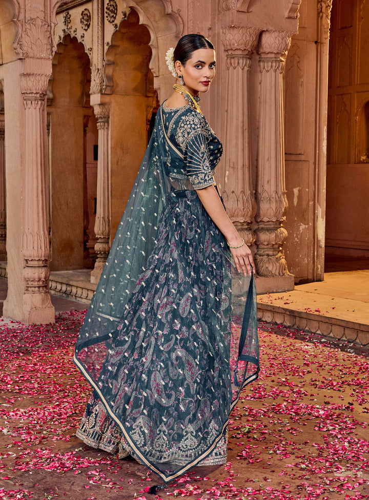 Teal Green Choli With Lehenga &amp; Dupatta