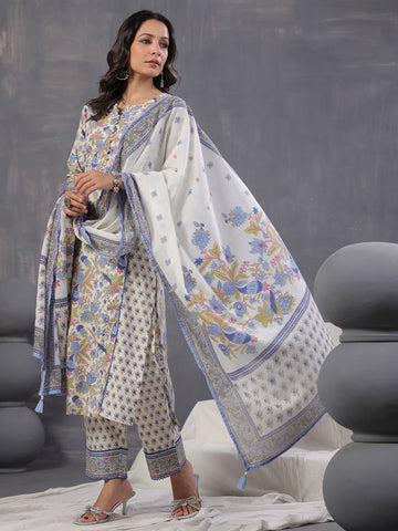 Floral Print Cotton Kurta With Pants & Dupatta