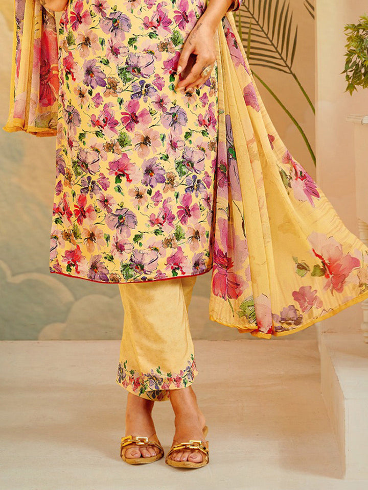 Printed Crepe Unstitched Suit With Pant &amp; Dupatta