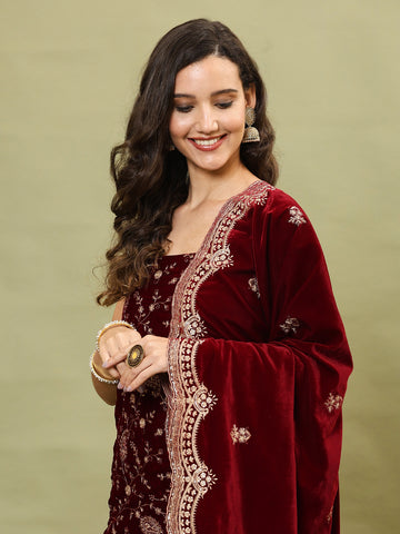 Embroidered Velvet Unstitched Suit Piece With Dupatta