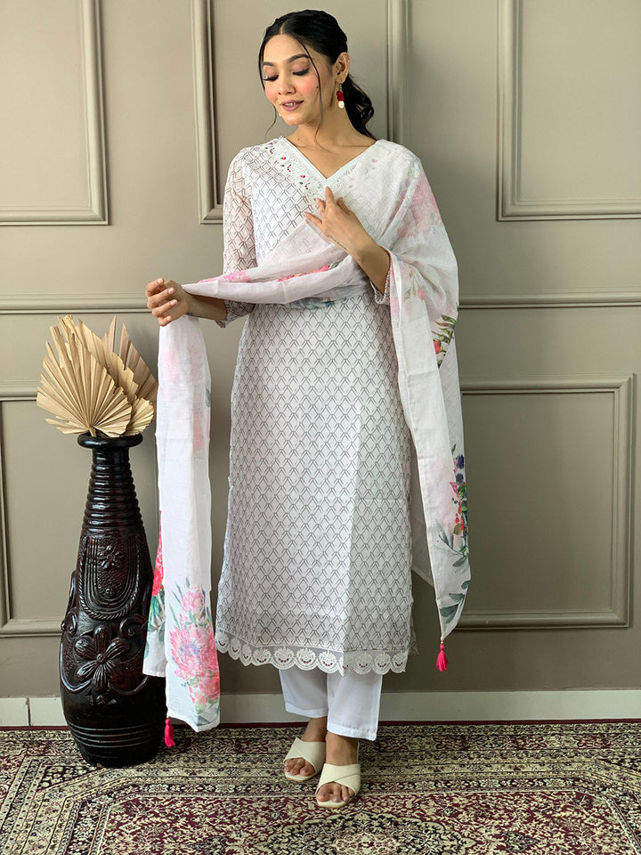 Printed Cotton Blend Kurta With Pants &amp; Dupatta