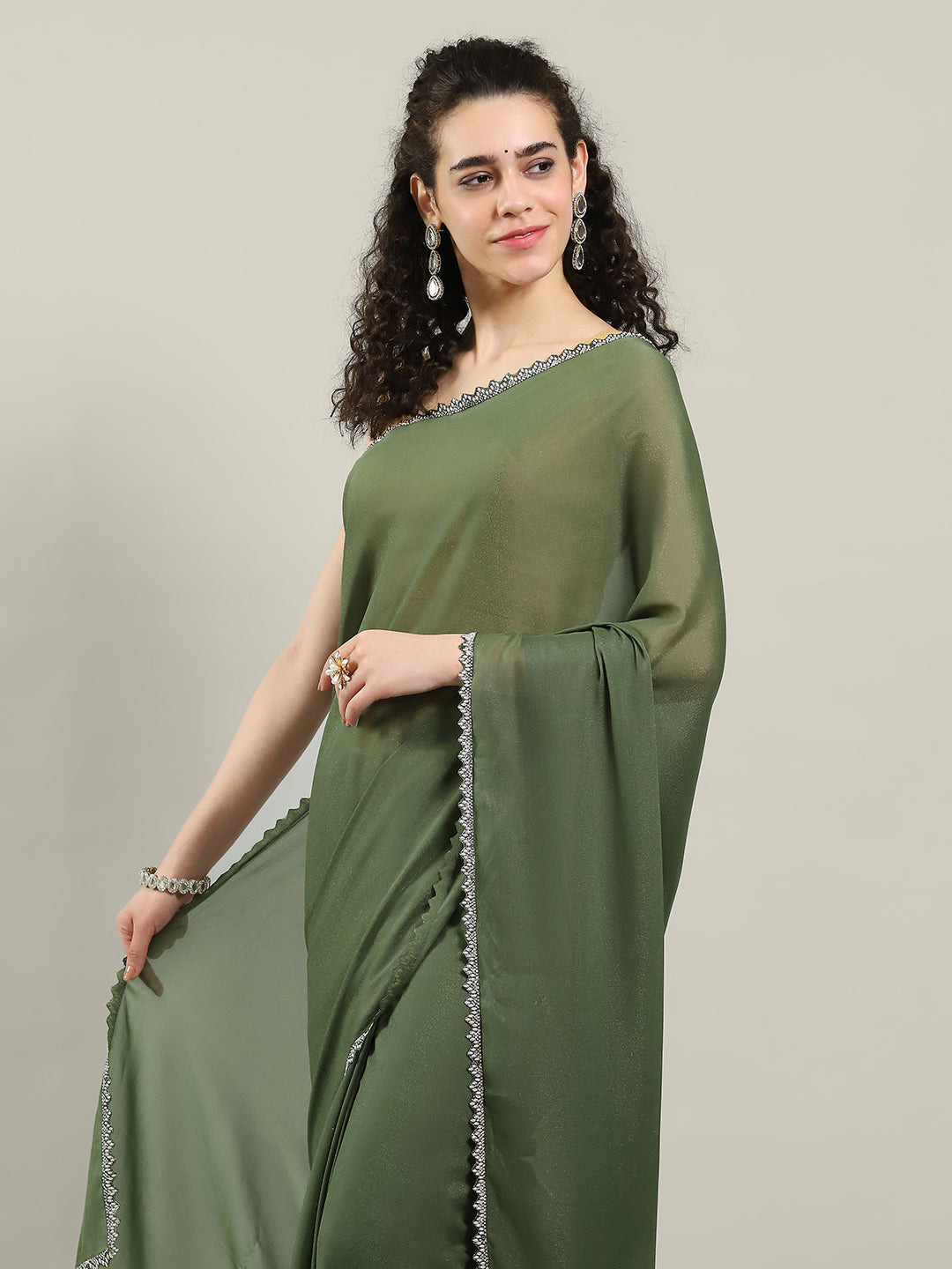 Plain Lace Border Georgette Saree