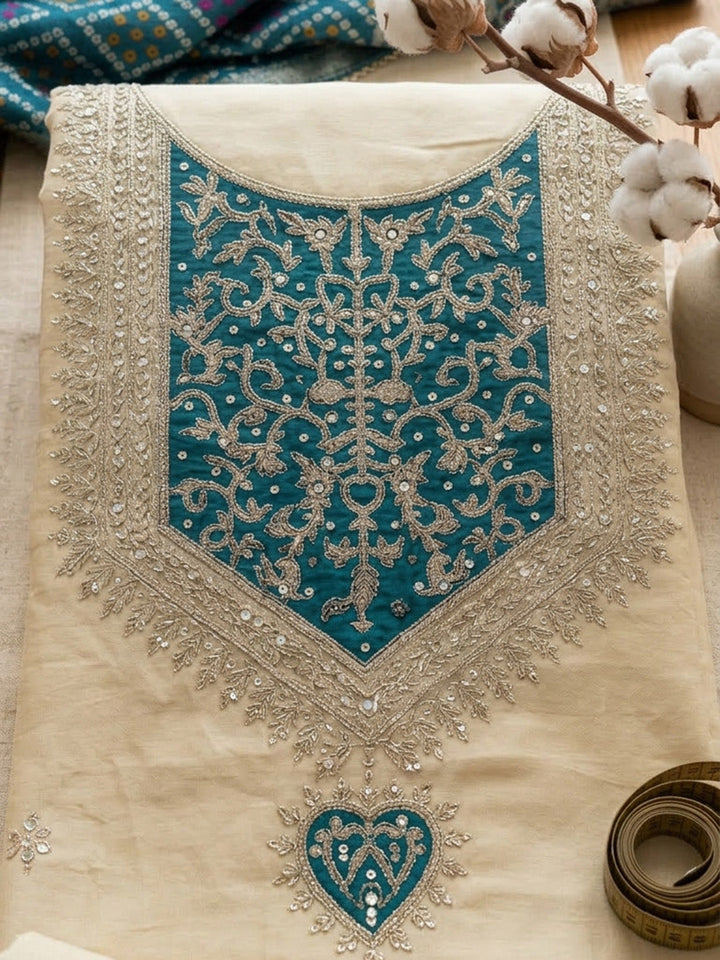Embroidered Chanderi Unstitched Suit With Pant &amp; Dupatta