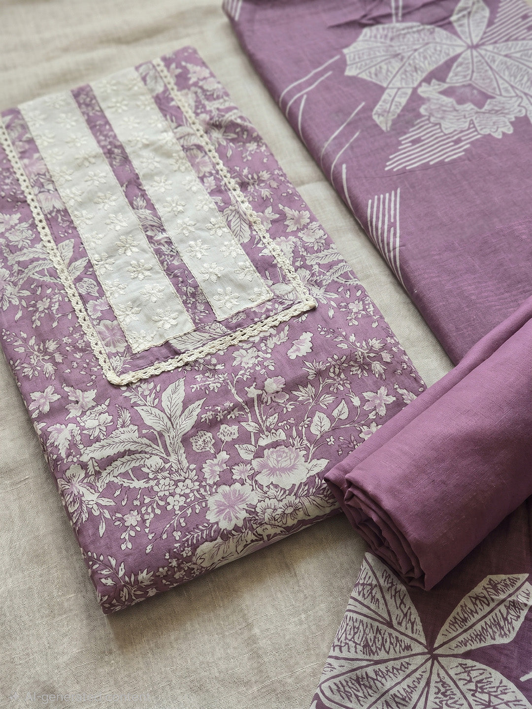 Printed Cotton Blend Unstitched Suit With Pant &amp; Dupatta