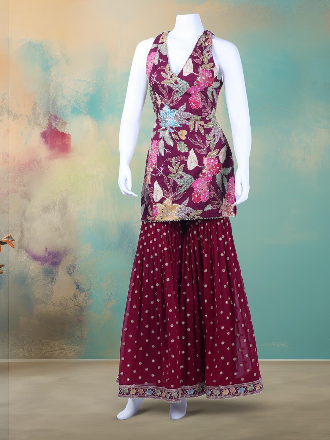 Embroidered Georgette Kurta With Garara &amp; Dupatta