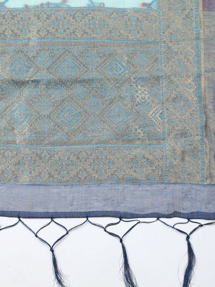 Woven Design Chanderi Unstitched Suit With Pant Dupatta