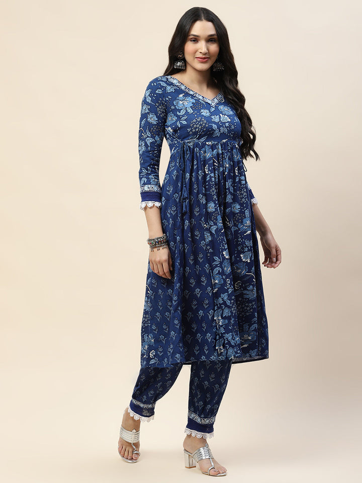 Floral Printed Cotton Kurta With Pants &amp; Dupatta