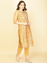 Floral Printed Chanderi Kurta With Pants & Dupatta