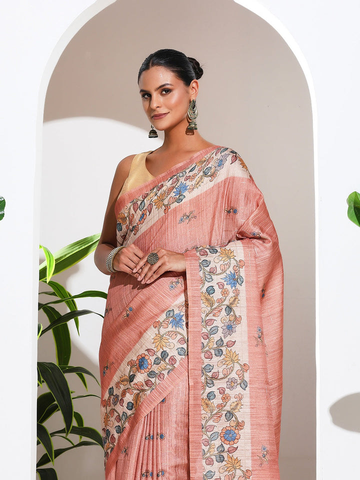 Floral Printed Tussar Silk Saree