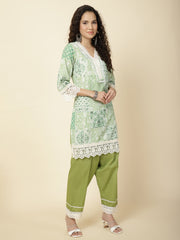 Printed & Panel Embroidery Cotton Kurta With Pants