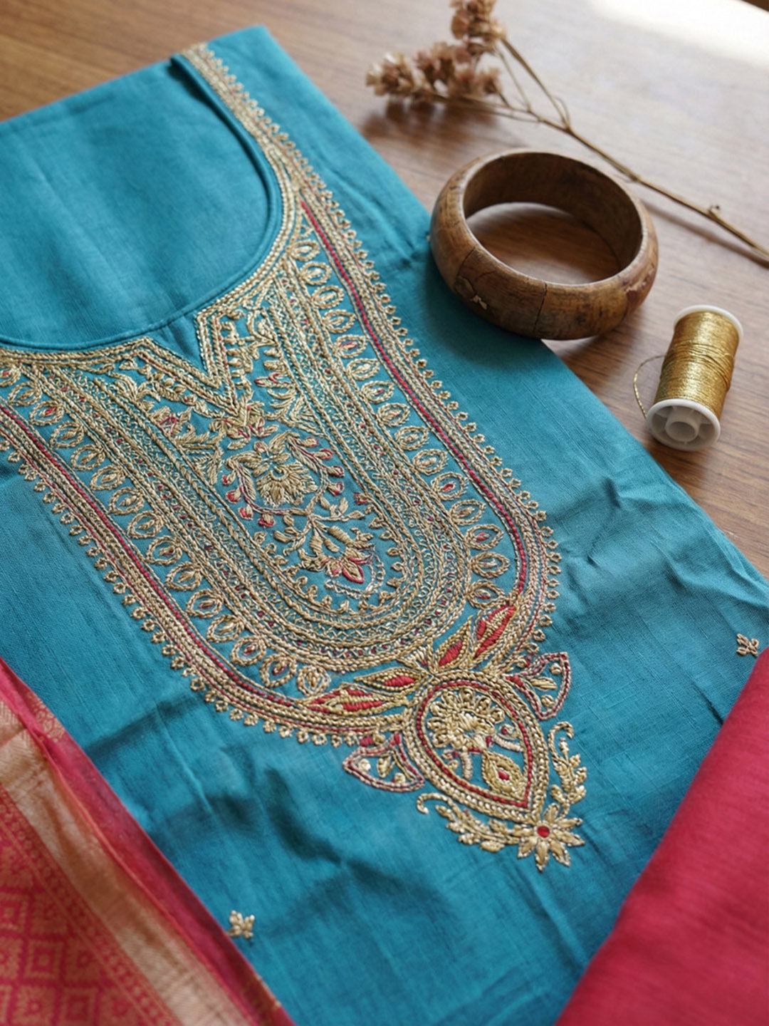 Embroidered Chanderi Unstitched Suit With Pant &amp; Dupatta