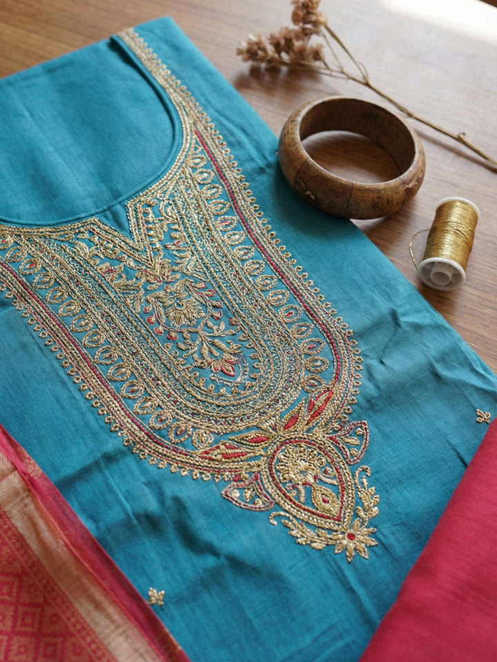 Embroidered Chanderi Unstitched Suit With Pant &amp; Dupatta