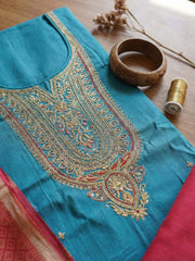 Embroidered Chanderi Unstitched Suit With Pant & Dupatta