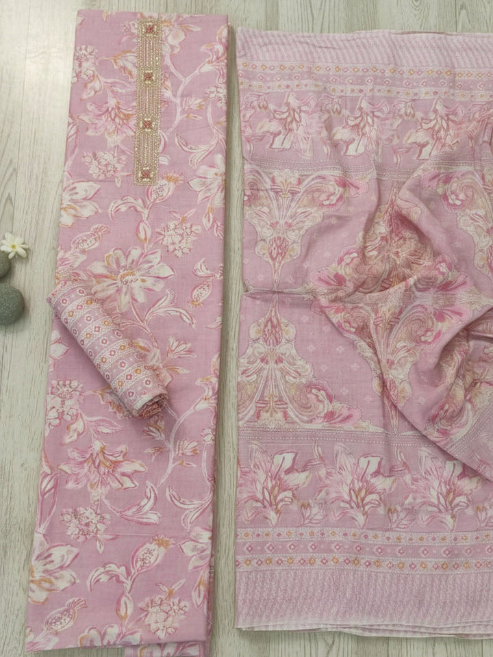 Embroidered Cotton Blend Unstitched Suit With Pant &amp; Dupatta