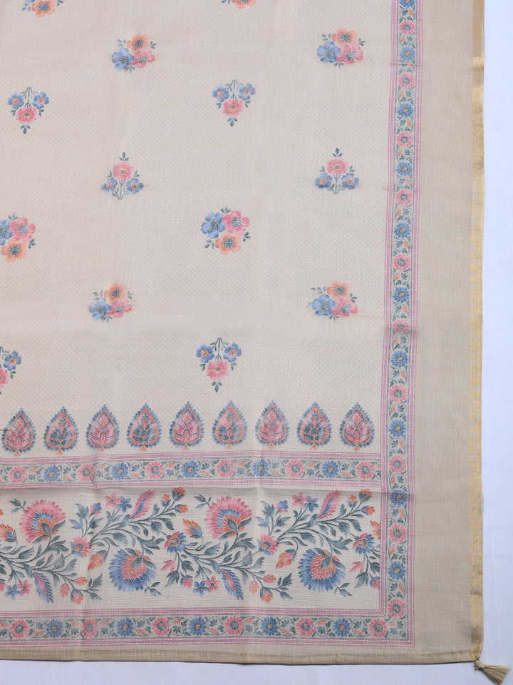 Printed Linen Blend Unstitched Suit With Pant &amp; Dupatta