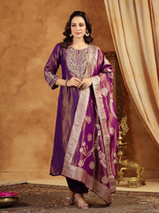 Neck Zari Embroidery Tissue Kurta With Pants & Dupatta