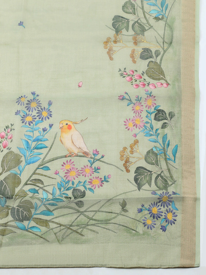 Printed Linen Blend Unstitched Suit With Pant &amp; Dupatta