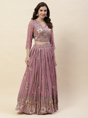 Resham Embroidered Georgette Choli With Lehenga & Dupatta