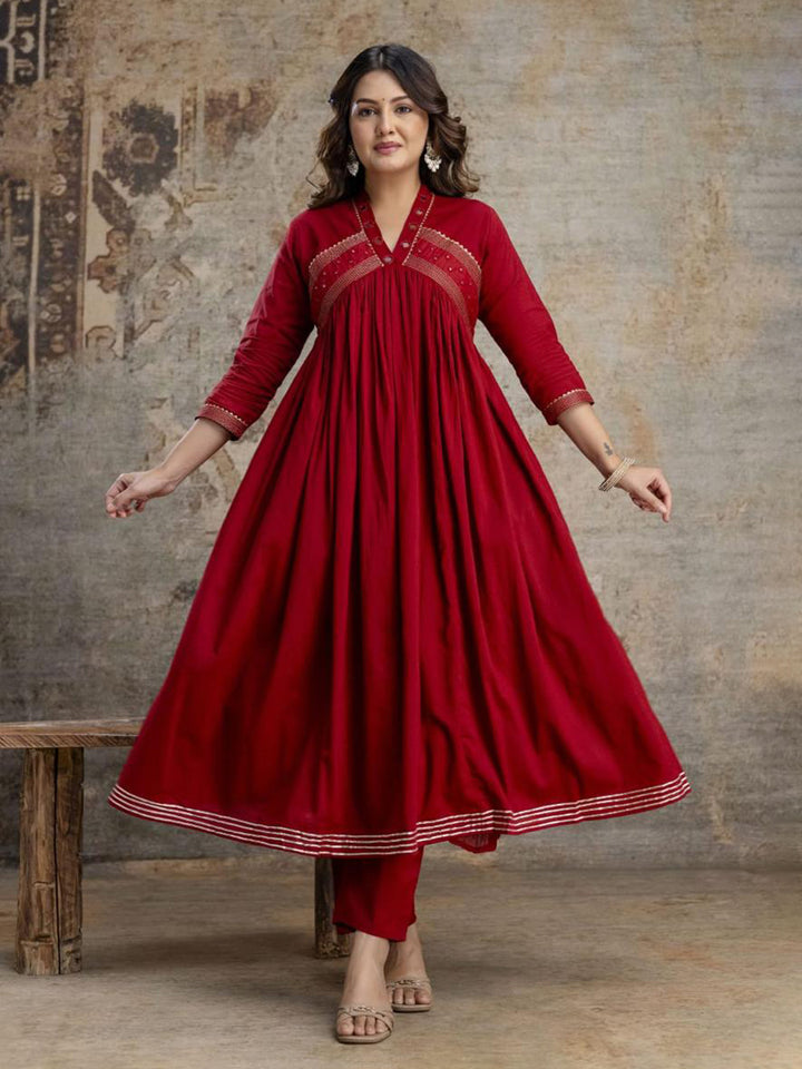 Maroon Cotton Blend Embroidered Straight Suit Set