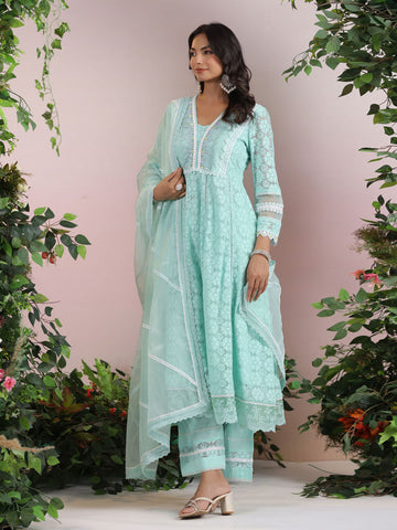 Cotton Blend Anarkali Embroidered Suit Set With Lace