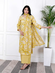 Printed Cotton Blend Kurta With Pants & Dupatta