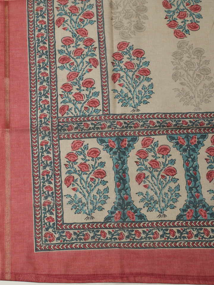 Printed Chanderi Unstitched Suit With Pant &amp; Dupatta