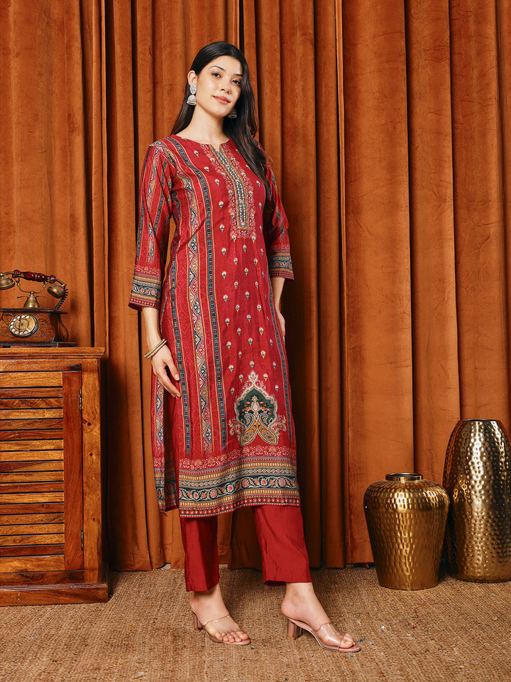Printed Cotton Blend Kurta With Pants &amp; Dupatta
