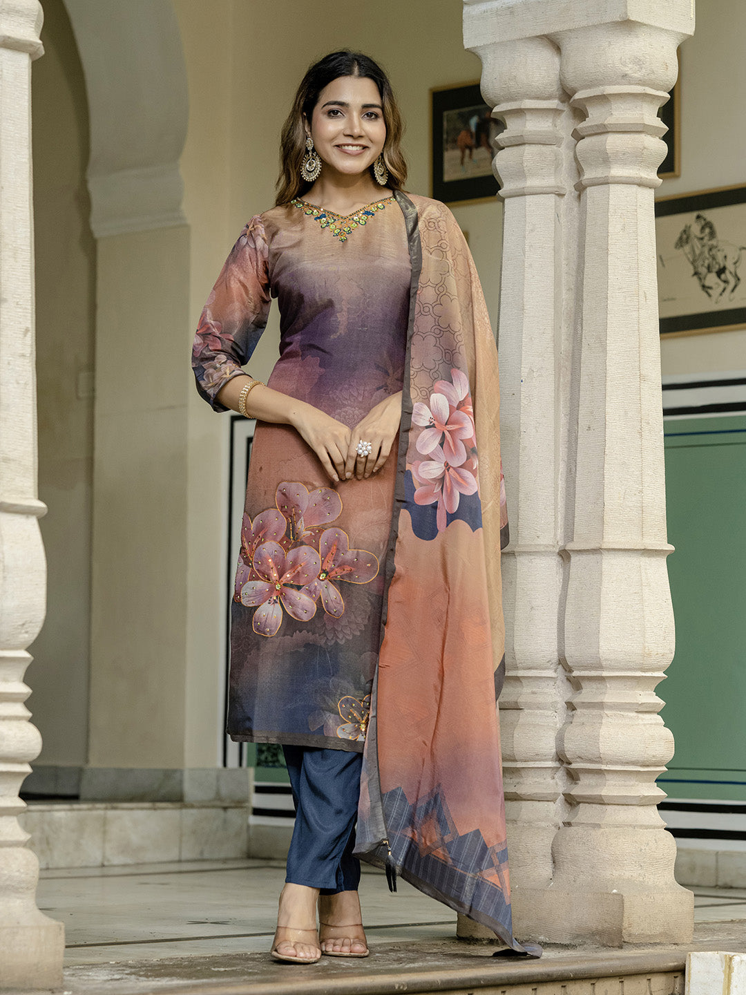 Embroidered Art Silk Kurta With Pant &amp; Dupatta