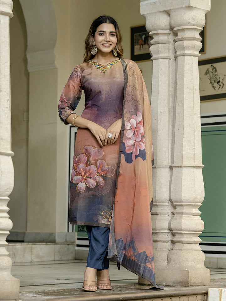 Embroidered Art Silk Kurta With Pant &amp; Dupatta