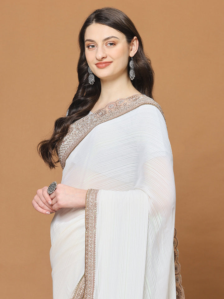 Plain Sequin Lace Border Chinon Saree