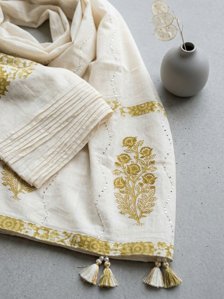 Embroidered Cotton Blend Unstitched Suit With Pant &amp; Dupatta