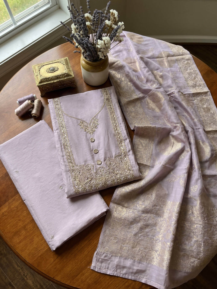 Neck Embroidered Cotton Blend Unstitched Suit With Dupatta