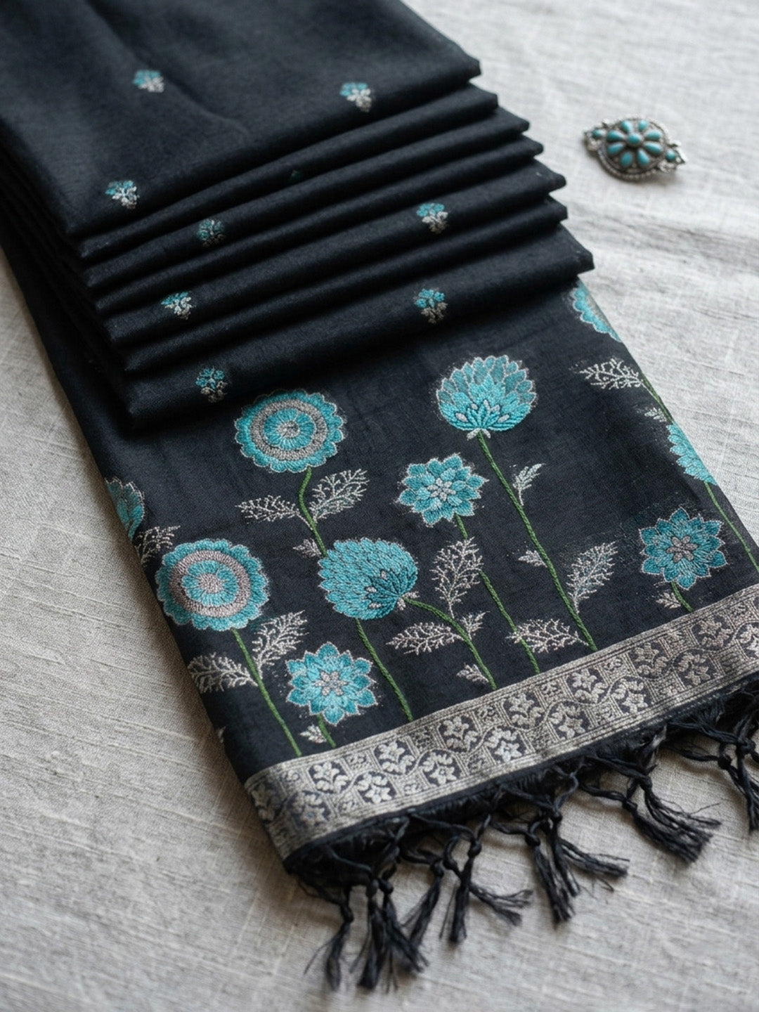 Embroidered Chanderi Unstitched Suit With Pant &amp; Dupatta