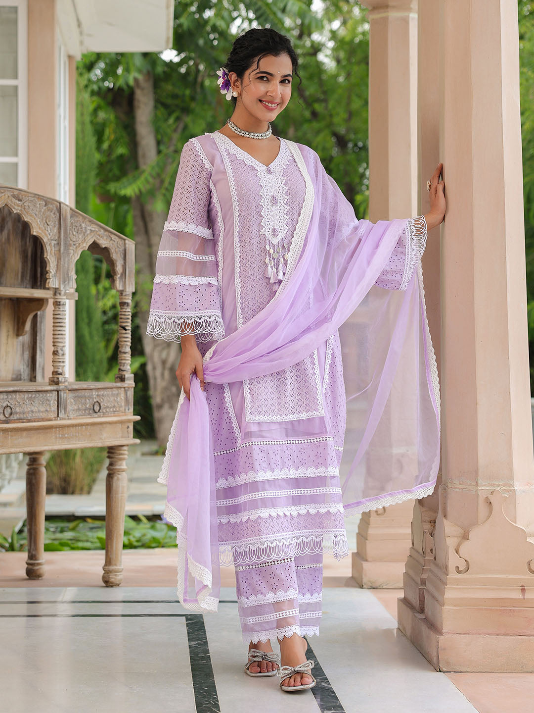 Lavender Embroidered Cotton Blend A-Line Suit Set With Dupatta