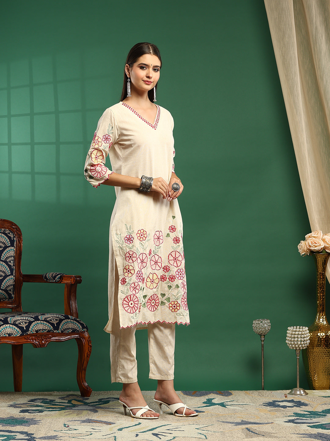 Embroidered Cotton Blend Kurta With Pant &amp; Dupatta