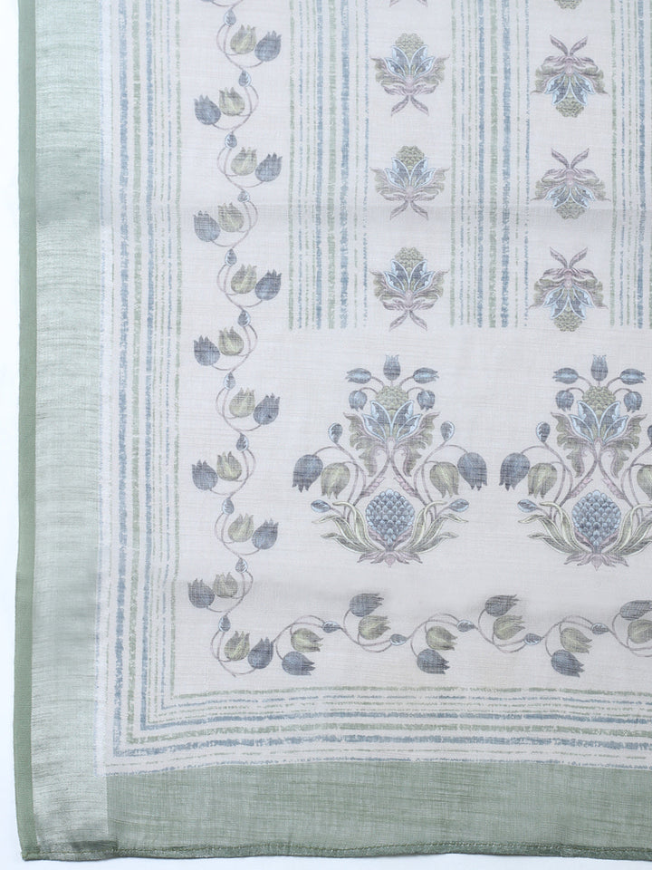 Printed Linen Blend Unstitched Suit With Pant &amp; Dupatta
