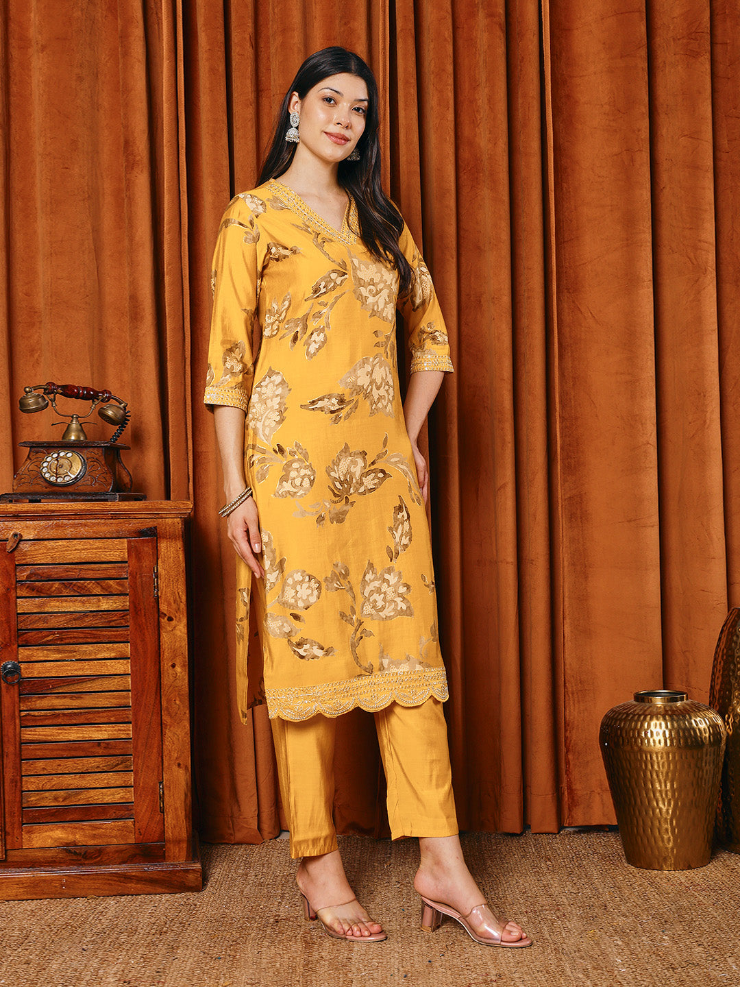 Resham Work Cotton Blend Kurta With Pants &amp; Dupatta
