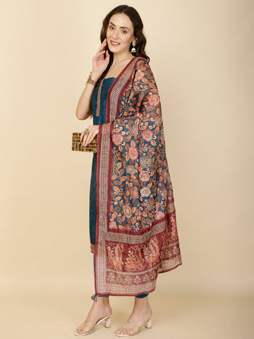 Kantha Embroidery & Printed Chanderi Unstitched Suit Piece With Dupatta