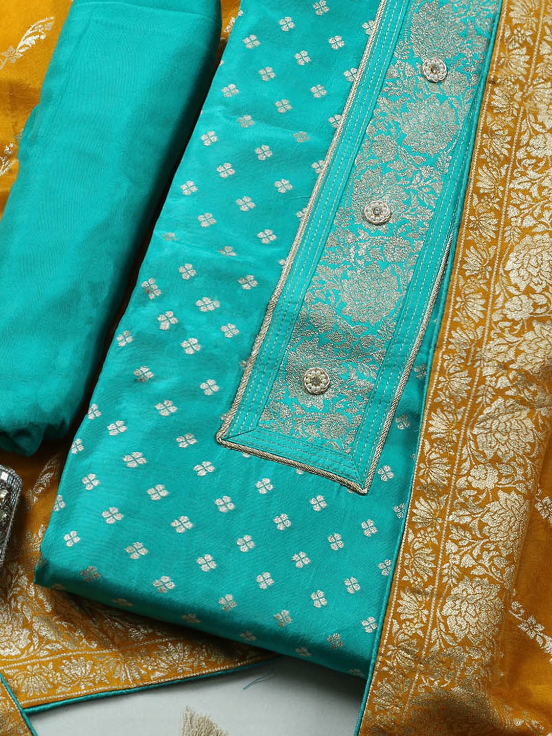 Woven Design Chanderi Unstitched Suit With Pant &amp; Dupatta