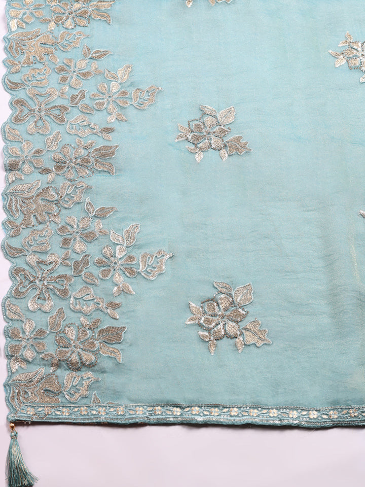 Embroidered Organza Unstitched Suit With Pant &amp; Dupatta