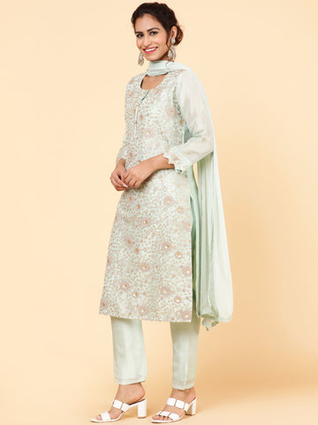Sequin Embroidered Chanderi Kurta With Pants & Dupatta