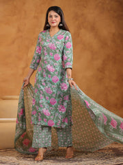 Printed Cotton Blend Kurta With Pants & Dupatta